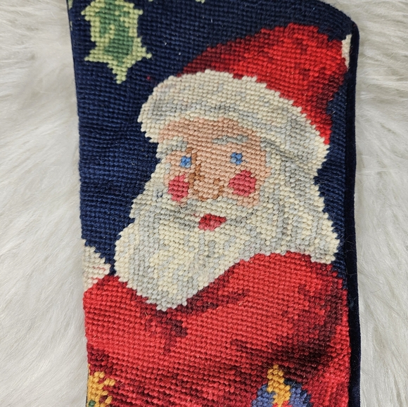 Vintage Wool Hand Made Needlepoint Christmas Stocking Santa Claus And Toys - Picture 5 of 6